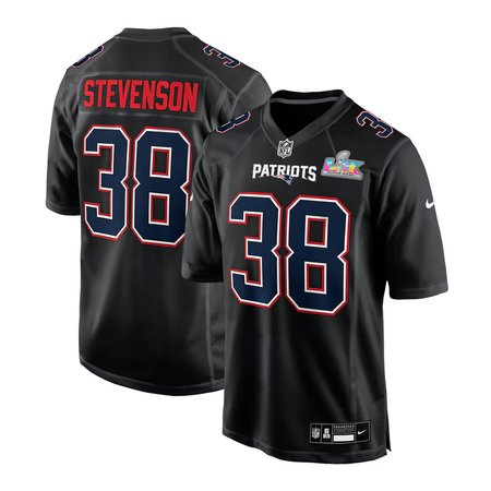 Men's New England Patriots #38 Rhamondre Stevenson Black Super Bowl LX Patch Carbon Fashion Game Jersey