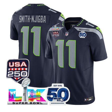 Men's Seattle Seahawks #11 Jaxon Smith-Njigba Navy Super Bowl LX Patch 50th Season & USA 250' Patch Vapor F.U.S.E. Limited Jersey