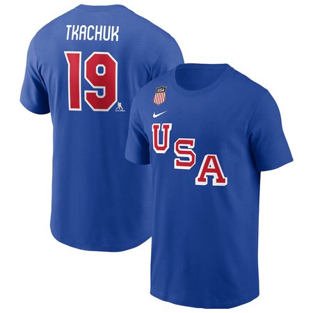 Men's 2026 US Hockey #19 Matthew Tkachuk Royal Name & Number T-Shirt