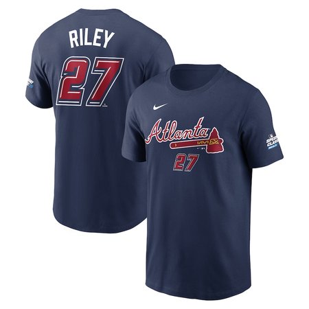 Men's Atlanta Braves #27 Austin Riley Navy 2025 MLB Speedway Classic Name & Number T-Shirt