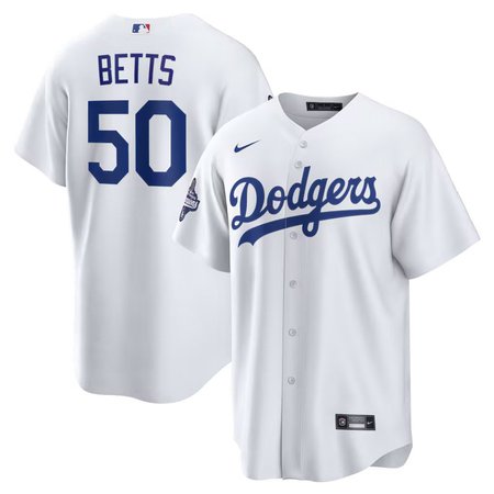 Men's Los Angeles Dodgers #50 Mookie Betts Nike White Home 2025 World Series Champions Replica Jersey
