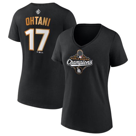 Women's Los Angeles Dodgers #17 Shohei Ohtani Black 2025 World Series Champions Plus Size Name & Number T-Shirt