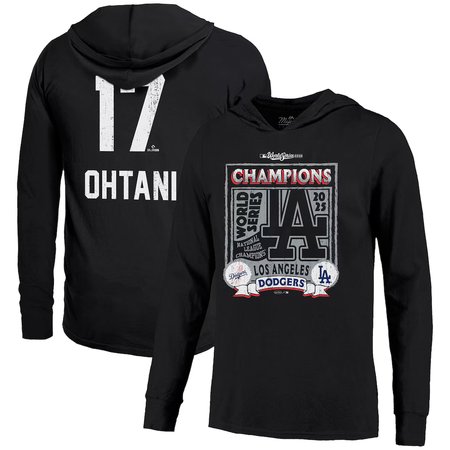 Men's Los Angeles Dodgers #17 Shohei Ohtani Majestic Threads Black 2025 World Series Champions Name & Number Lightweight Hoodie