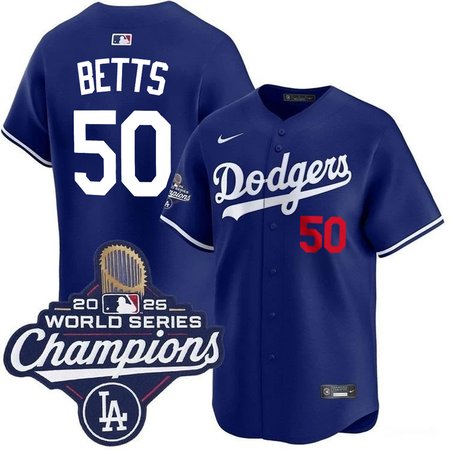 Men's Los Angeles Dodgers #50 Mookie Betts Nike Royal 2025 World Series Champions Home Limited Jersey