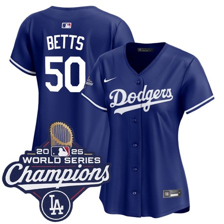 Women's Los Angeles Dodgers #50 Mookie Betts Nike Royal 2025 World Series Champions Home Replica Jersey