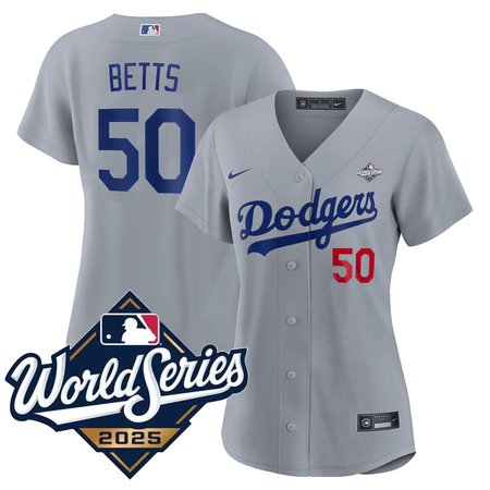 Women's Los Angeles Dodgers #50 Mookie Betts Nike Gray 2025 World Series Home Limited Jersey